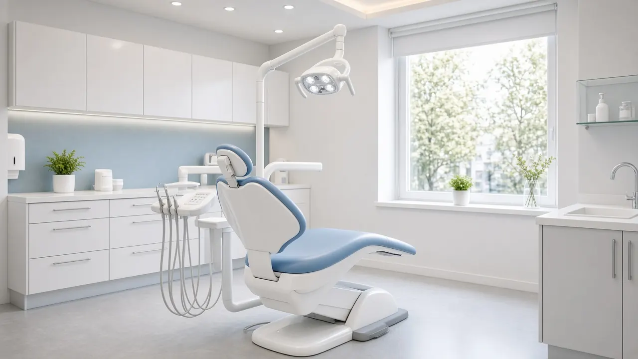 Resepsionis klinik gigi modern dengan kursi tunggu yang bersih